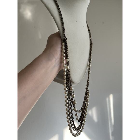 J. Crew Antique Bronze Metal Faux Pearl Multi-strand Long Necklace 32” Chunky - Picture 2 of 5